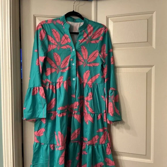 Teal and Pink Leaf Print Dress - Picture 3 of 5
